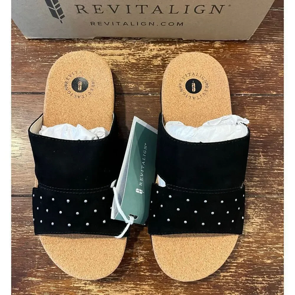 REVITALIGN Women's Lucy Stud Slide Sandal, Black, 5.5